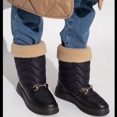 Black Slip On Snow Boots From Gucci. Made Of Quilted Fabric With Beige Wool Trim, This Pair Features The Label’s Signature Gold-Tone Horsebit And Black Rubber Sole With Raised Logo. Nwot Unisex Sold Out Online Msrp:$1,250 Luxury Boots With Faux Fur Lining, Gucci Leather Boots For Winter, Gucci Winter Boots With Round Toe, Gucci Black Winter Boots, Shoes Gucci, Gucci Horsebit, Black Slip On, Quilted Fabric, S Signature