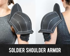 a woman wearing a helmet made out of black leather with the words soldier shoulder armor on it