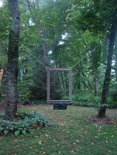 a wooden frame in the middle of a forest with trees and grass around it, surrounded by foliage