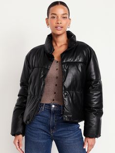 standing collar long sleeves snap front welt pockets hanging loop relaxed fit hits below waist models are approx.  5'9" and wear sizes s (4), l (12), and xl (18)machine wash according to the care instruction label  . Best Holiday gift for Women , perfect Jackets for Christmas! Women’s Jackets, Black Leather Puffer Jacket, Christmas Nyc, Leather Puffer Jacket, Edgy Chic, Black Puffer Jacket, Standing Collar, Early Fall Outfit, Nyc Trip