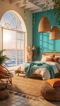 a bedroom with an ocean view and wicker furniture