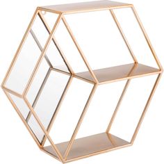 a gold metal shelf with three shelves on each side and mirrors in the middle, against a white background