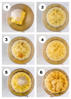 the steps to make mashed potatoes are shown in four different stages, including mixing