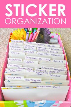 a pink box filled with lots of sticker organization