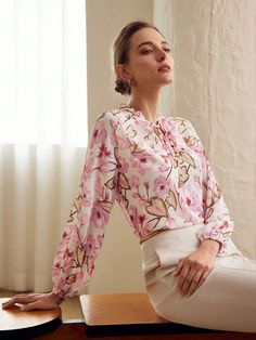 Multicolor Boho Collar Long Sleeve Woven Fabric Floral,Plants,All Over Print Top Embellished Non-Stretch  Women Clothing Print Blouse Outfit, Cherry Blossom Print, Blossom Print, Women Blouses, Lantern Sleeve, Print Blouse, Tie Neck, Lantern Sleeves