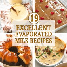 the collage shows different types of desserts and drinks with text overlay that reads 19 excellent evaporated milk recipes