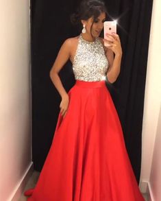 Red Halter Neck Dress For Prom Season, Halter Neck Dress Formal Red, Evening Halter Top With Built-in Bra, Chic Evening Halter Top With Built-in Bra, Red Prom Dress Halter Neck, Red Evening Gowns, Prom Dresses 2017, Evening Formal, Ball Gowns Prom