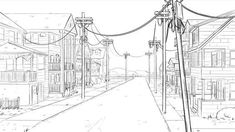 a drawing of a street with power lines and telephone poles on the side of it