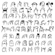 an image of some people with different expressions on their faces and hands, drawn in black ink