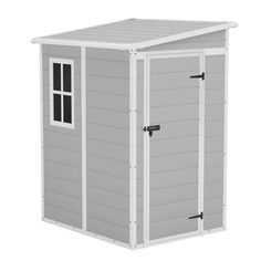 a gray and white storage shed with the door open on an isolated white background photo