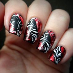 Black and red Finger Nail Art, Lovely Nails, Red Nail Designs, Finger Tips, Diamond Nails, 3d Nail Art, Nail Shapes, 3d Nails, Stiletto Nails