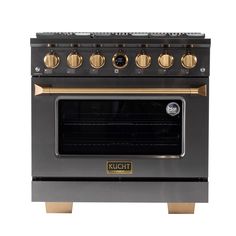 a black and gold stove with four burners on it's side, in front of a white background