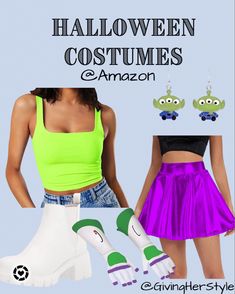 a woman wearing neon green and purple clothing with her hands on her hips while standing next to an item that says, halloween costumes amazon