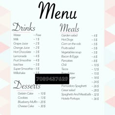 the menu for a restaurant is shown in black and white