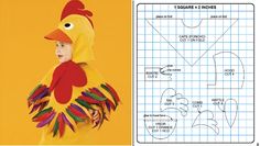 a child wearing a chicken costume next to a drawing