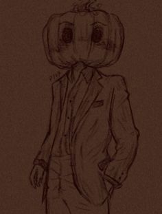 a drawing of a man in a suit with two pumpkins on his head