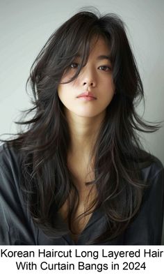 Korean Haircut Long Layered Hair With Curtain Bangs in 2024 Long Hair With Layers And Curtain Bangs Asian, Different Curtain Bangs Styles, Long Choppy Layers Hairstyles, Wolfcut Long Hair Curtain Bangs, Long Wolfcut Haircut With Curtain Bangs, Front Bangs With Layers, Korean Hair Women, Long Wolf Cut With Wispy Bangs, Womens Haircuts Long Layers