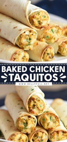 baked chicken taquitos on a white plate with the title above it in two separate images