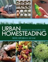 an image of the cover of urban homesteading, with pictures of vegetables and fruits