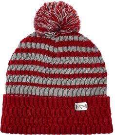 a red and grey striped hat with a pom