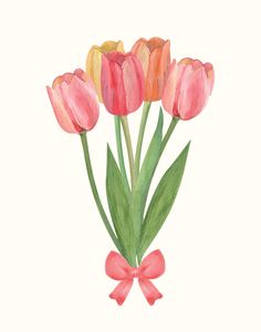 a watercolor painting of pink and yellow tulips with a bow on the end