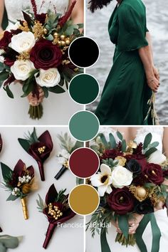 the bride is holding her bouquet with red, white and green flowers