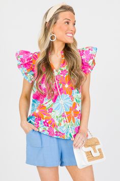 Hello pretty floral print top! The colors, the print, the fit... We love it all! Top features layered ruffle sleeves, a ruffled collar, and a split neckline. Hello Pretty, Tropical Twist, Blue Door, Ruffled Collar, Floral Print Tops, Ruffle Sleeves, Floral Top, Print Top, Boutique Clothing