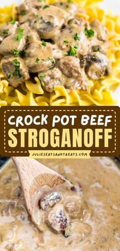 Crock Pot Beef Stroganoff for the whole family! Made with stew meat in a rich, creamy gravy with mushrooms, it's always a go-to comfort food. Gotta love an easy homemade dinner recipe in the slow cooker! Slower Cooker, Slow Cooker Dinner Recipes, Recipes Beef, Stroganoff Recipe