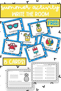 the summer activity write the room game is shown with five cards and four other activities