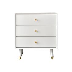 a white dresser with three drawers and gold knobs on the bottom, against a white background