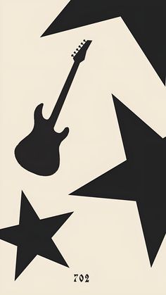 a black and white poster with stars, guitar and star shapes in the shape of an arrow