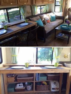 before and after photos of a living room in a mobile home with couches, coffee table, kitchenette and dining area