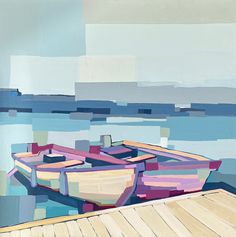 an abstract painting of two boats docked on the water by a dock with blue sky and clouds in the background