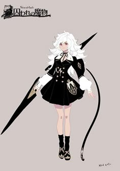 an anime character with long white hair and black boots holding a large knife in her hand