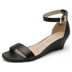 Dream Pairs Women Low Wedge Heel Sandals Open Toe Ankle Strap Buckle Lady Work Casual Shoes INGRID BLACK/PU Size 6.Featuring ankle strap construction with buckle closure, padded cushion insole, TPR rubber outsole for easy movement. Feature a classic open-toe design. Gender: female.  Age Group: adult. Low Wedge Heel Sandals, Low Wedge Sandals, Low Heel Wedges, Shoe Tags, Low Wedges, Wedge Heel Sandals, Up Shoes, Heel Sandals, Work Casual