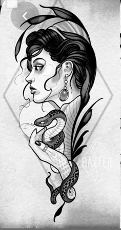 a woman with a snake tattoo on her arm and shoulder, in black and white