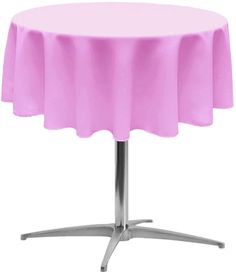 a round table with a pink cloth on it's top and silver metal base