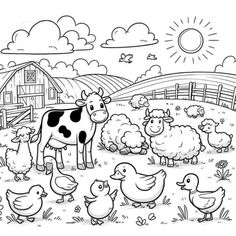 a black and white drawing of farm animals in a field with chickens, ducks, and cows