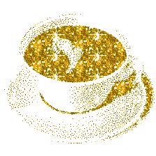 a cup filled with gold glitter sitting on top of a white saucer next to a spoon