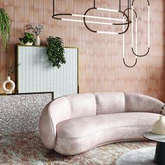 a living room filled with furniture next to a wall mounted planter and potted plants