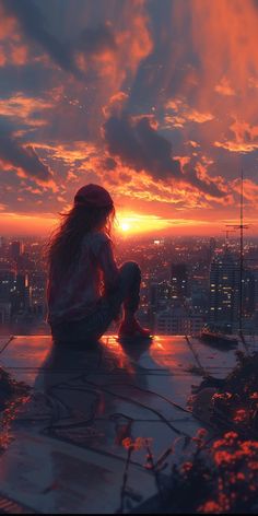 a woman sitting on top of a roof watching the sun go down over a city