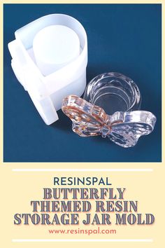 an image of some glass items on a blue background with the words resinsal butterfly themed resinin storage jar mold