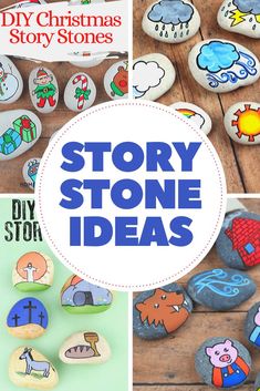 some rocks with different designs on them and the words story stone ideas