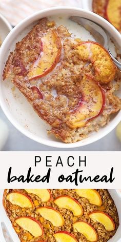 peach baked oatmeal in a white bowl with sliced apples on the side