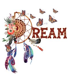 a dream catcher with butterflies flying around it and the word dream written in brown lettering