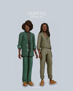 two people standing next to each other in green and brown outfits, with the caption martin clothing set