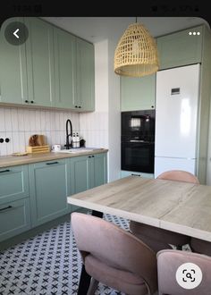 an image of a kitchen setting with green cupboards and white tile on the floor