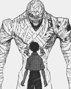 a black and white drawing of a man standing next to a child