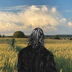 a man standing in front of a field of wheat under a blue sky with clouds