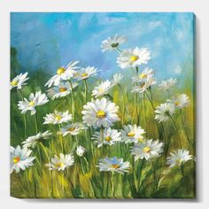 a painting of white daisies on a blue background